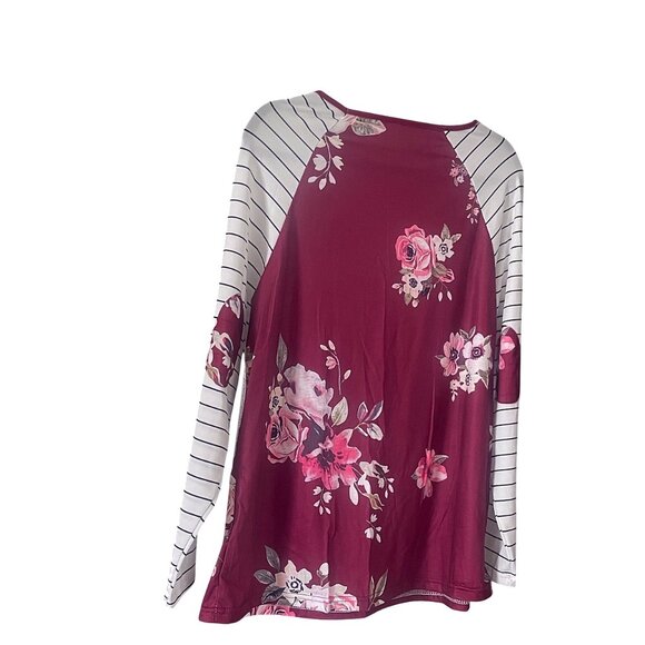 Plus Size Striped Long Sleeves Scoop Neck Color Block Floral T-Shirt Blouse 2XL - Picture 4 of 5